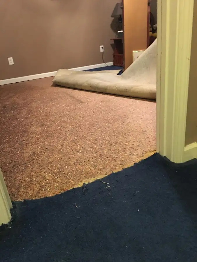 Carpet pad removal revealing water damage during Drying & Dehumidification in Leander